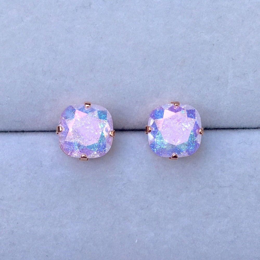 Aurora Borealis Pink Ice + Rose Gold Cushion Cut Crystal Earrings - Picture 5 of 10